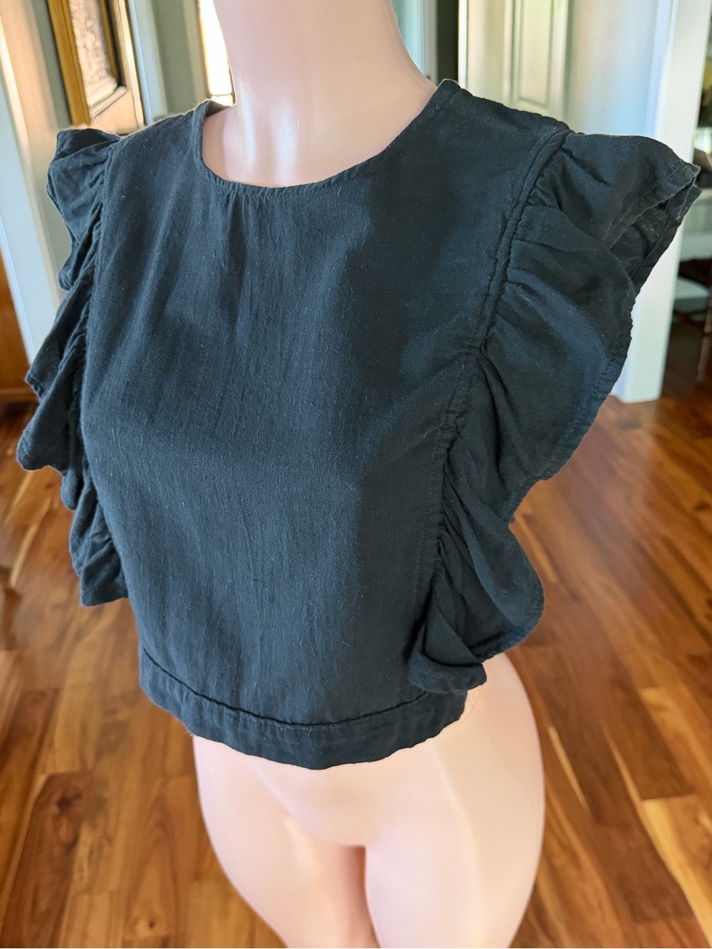 NWOT Women’s Cotton Black Ruffle Tie-Back Top Handmade in Tulum Mexico Sm/Med